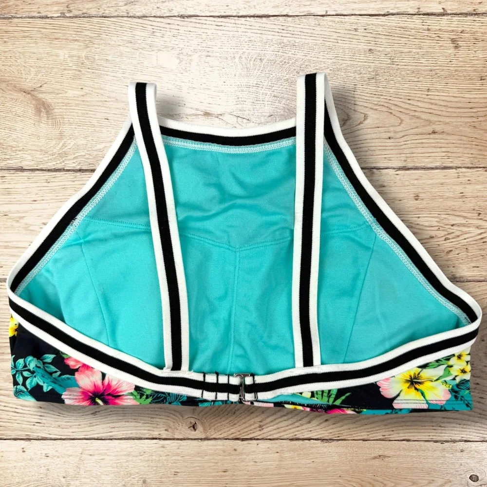 XHILARATION High Neck Halter Bikini Set Black Floral Tropical‎ Print Womens L